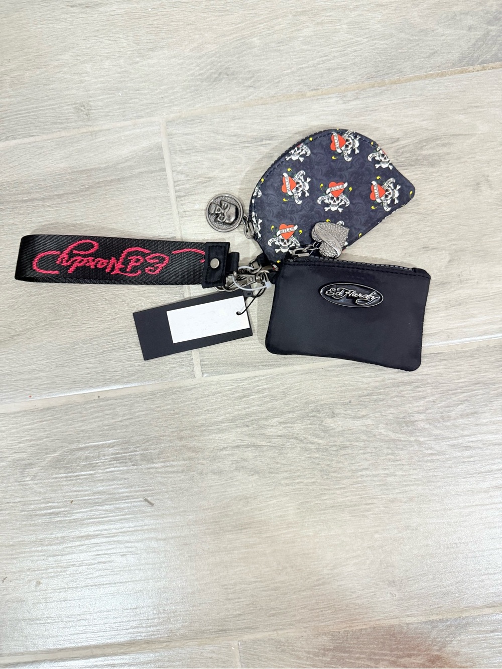 Ed Hardy Black & Pink Wristlet Keychain Pouch Set